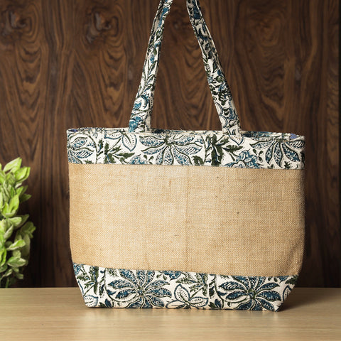 Beige Hand Block Printed Jute Shoulder Bag