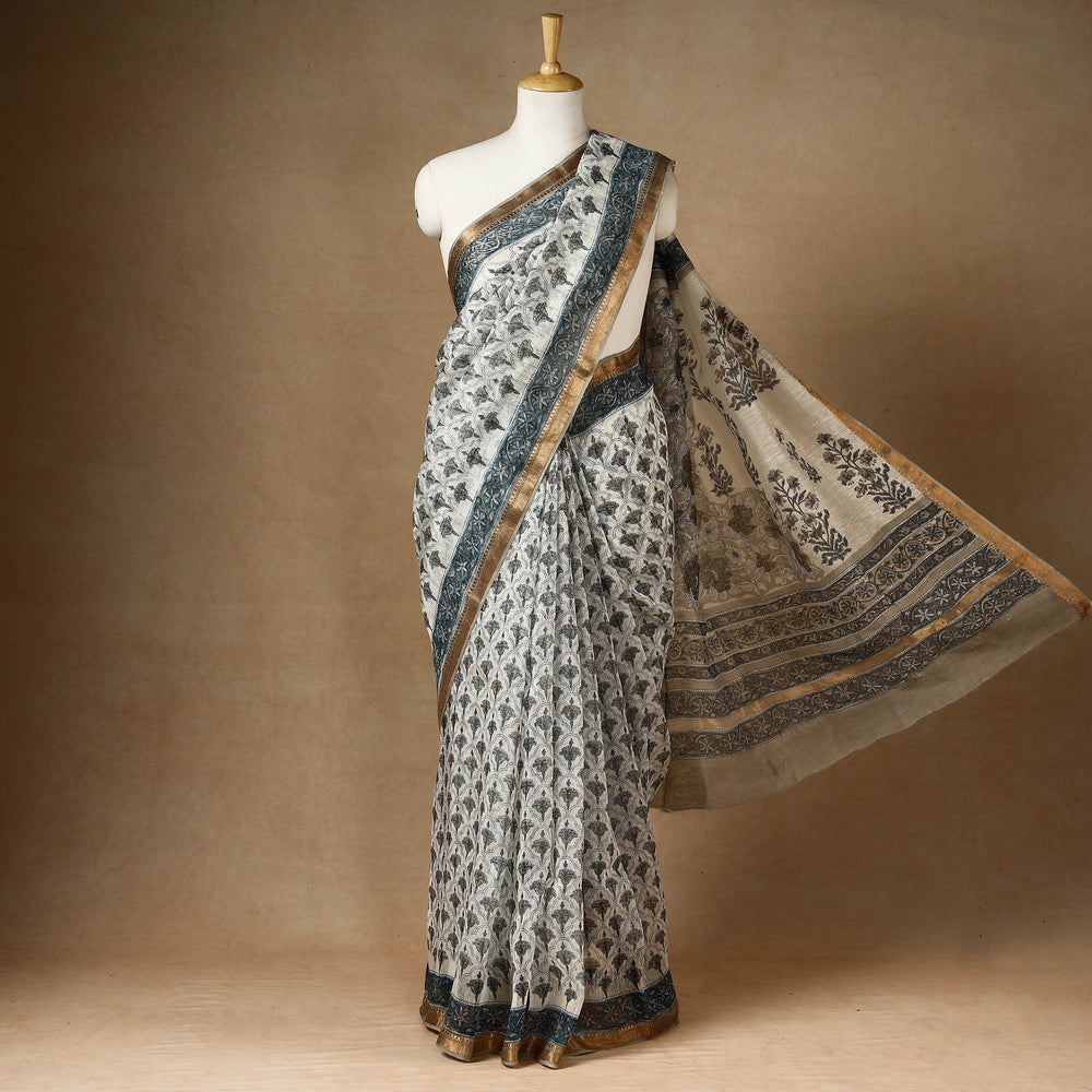 Grey - Sanganeri Block Printed Chanderi Silk Saree