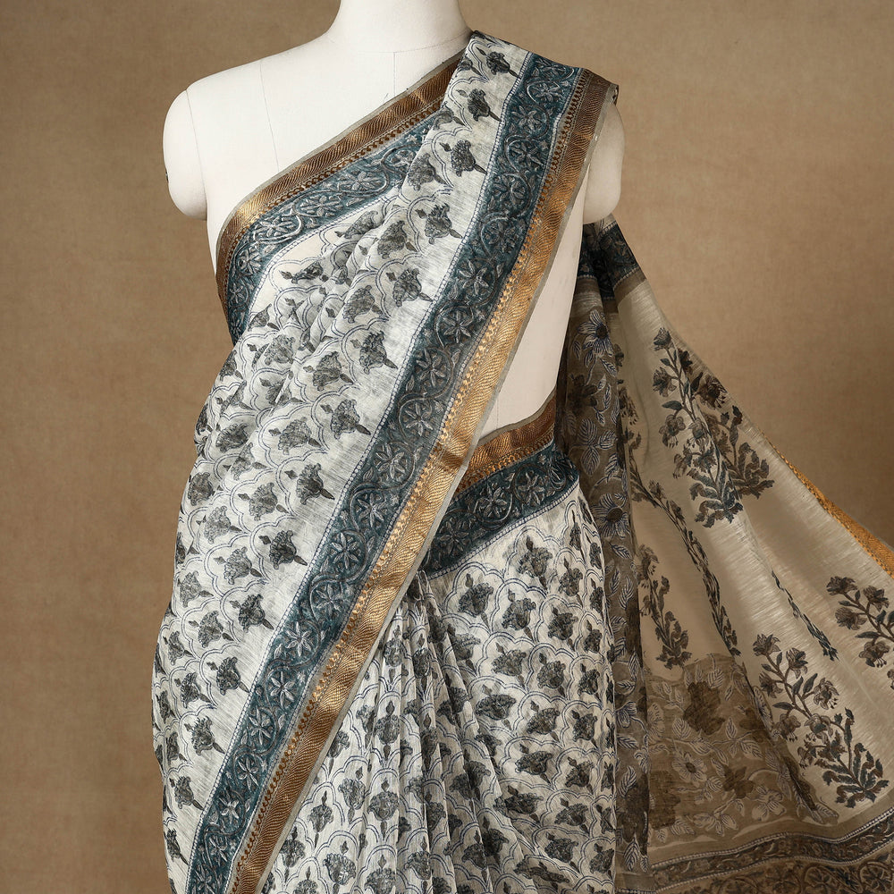 Grey - Sanganeri Block Printed Chanderi Silk Saree