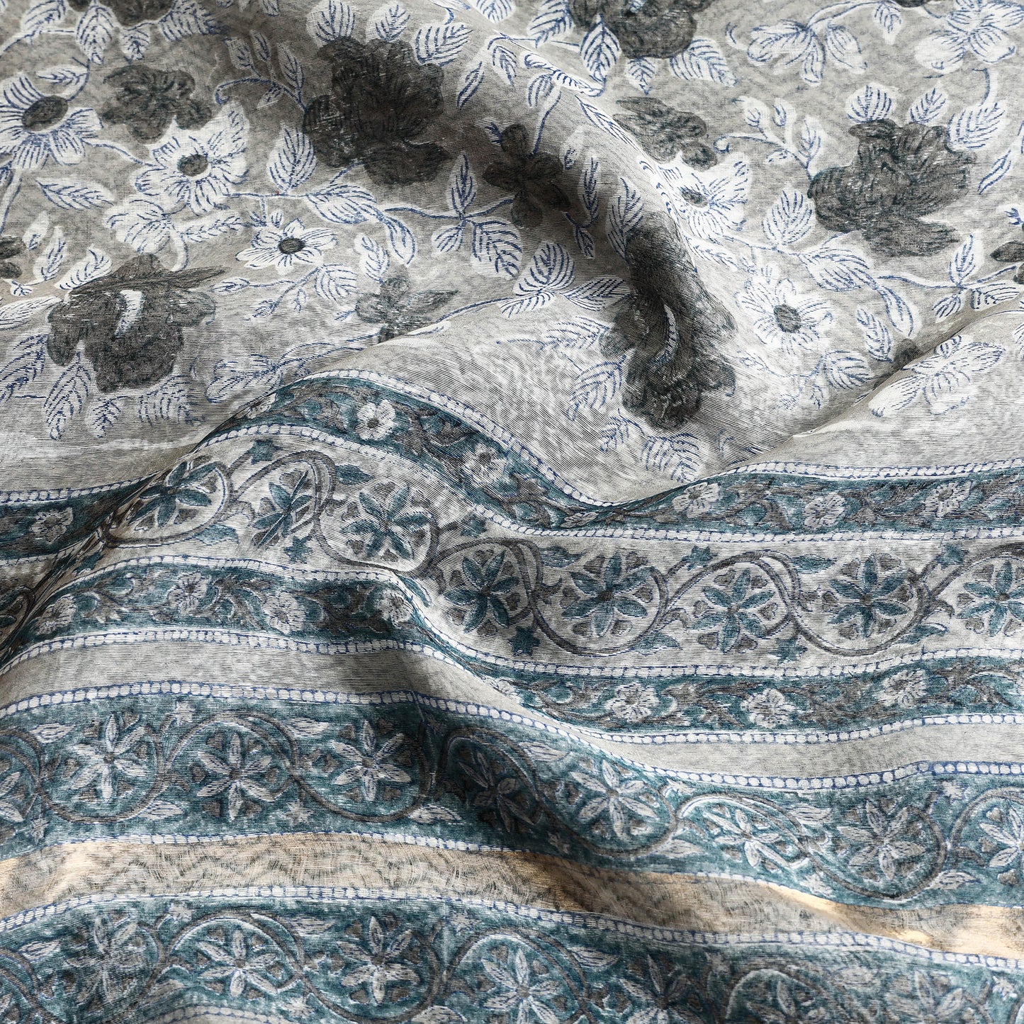 Grey - Sanganeri Block Printed Chanderi Silk Saree