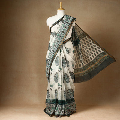 Green - Sanganeri Block Printed Chanderi Silk Saree