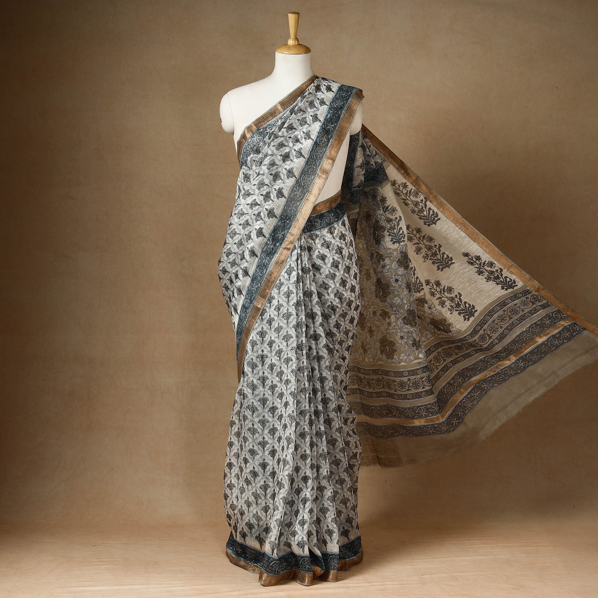 Buy Block Printed Chanderi Silk Sanganeri Saree