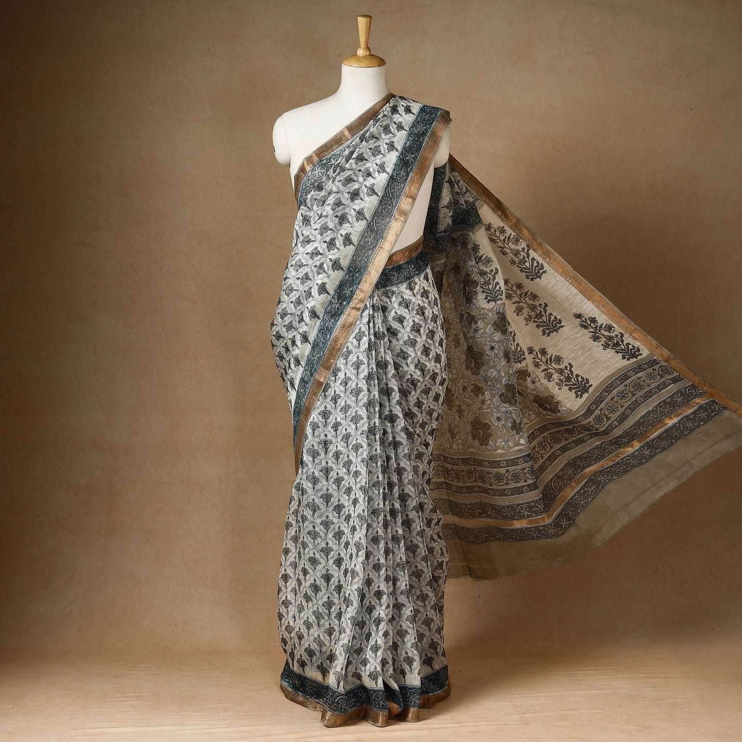 Grey - Sanganeri Block Printed Chanderi Silk Saree