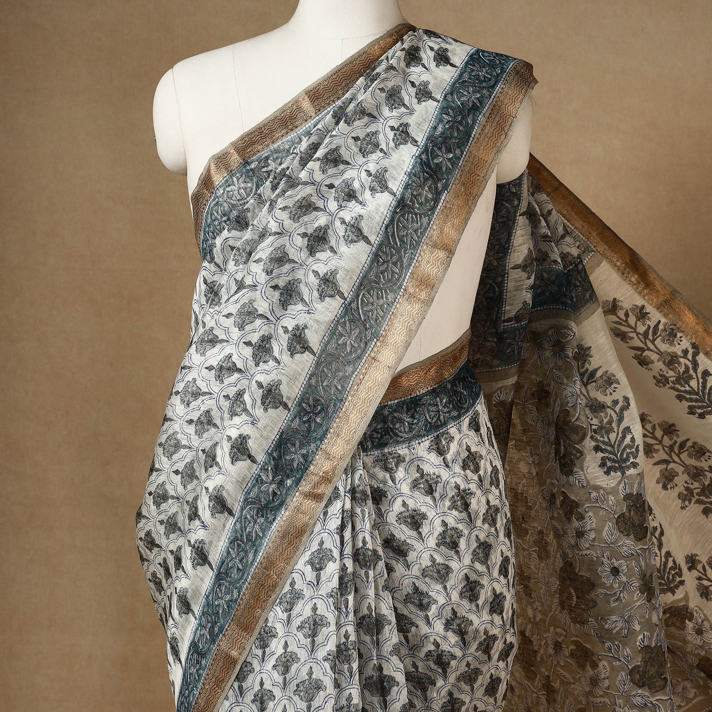 Grey - Sanganeri Block Printed Chanderi Silk Saree