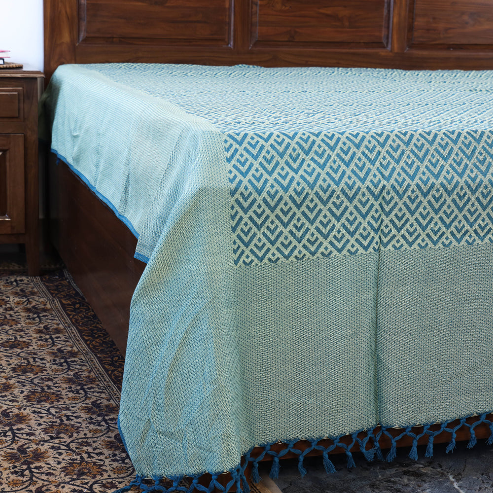 Green - Pure Cotton Handloom Double Bed Cover from Bijnor by Nizam (106 x 95 in)