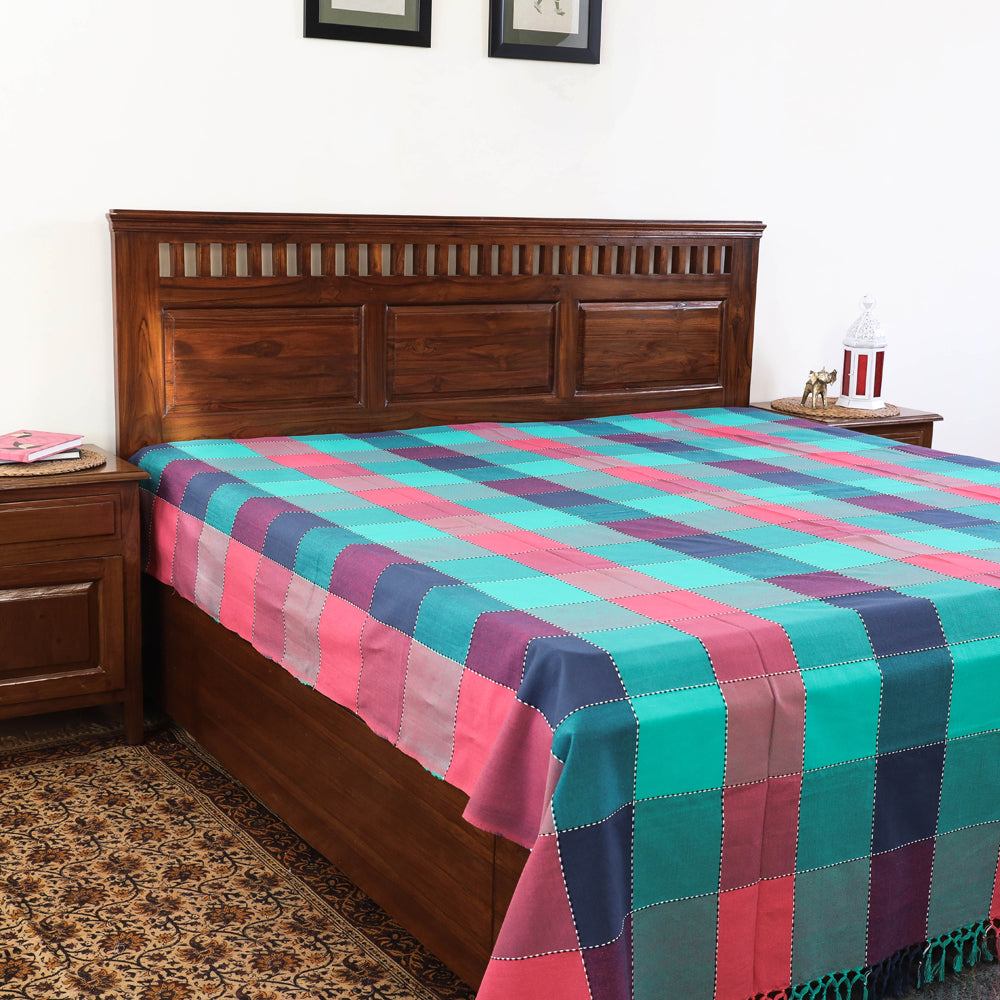 Multicolor - Pure Cotton Handloom Double Bed Cover from Bijnor by Nizam (106 x 95 in)