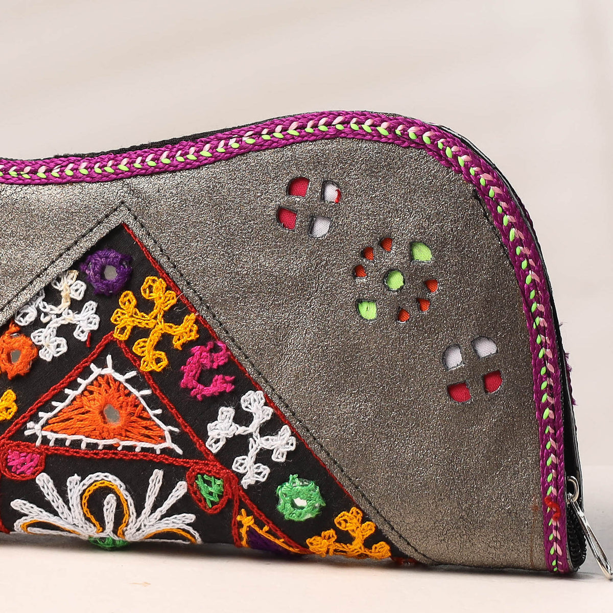 embroidery leather clutch