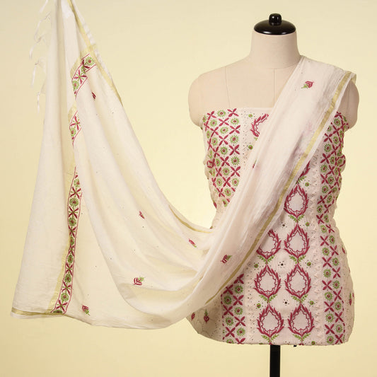 Beige - 2pc Chikankari Hand Embroidered Chanderi Silk Handloom Suit Material Set
