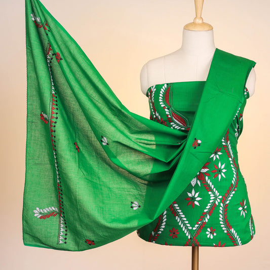 Green - Bengal Kantha Embroidery Pure Cotton 3pc Suit Material Set