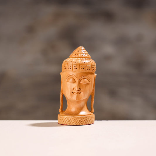 Lord Buddha Head - Hand Carved Kadam Wood Sculpture