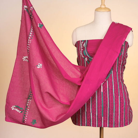 Pink - Bengal Kantha Embroidery Pure Cotton 3pc Suit Material Set