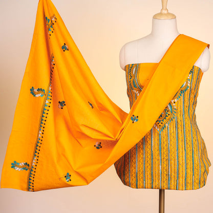 Yellow - Bengal Kantha Embroidery Pure Cotton 3pc Suit Material Set