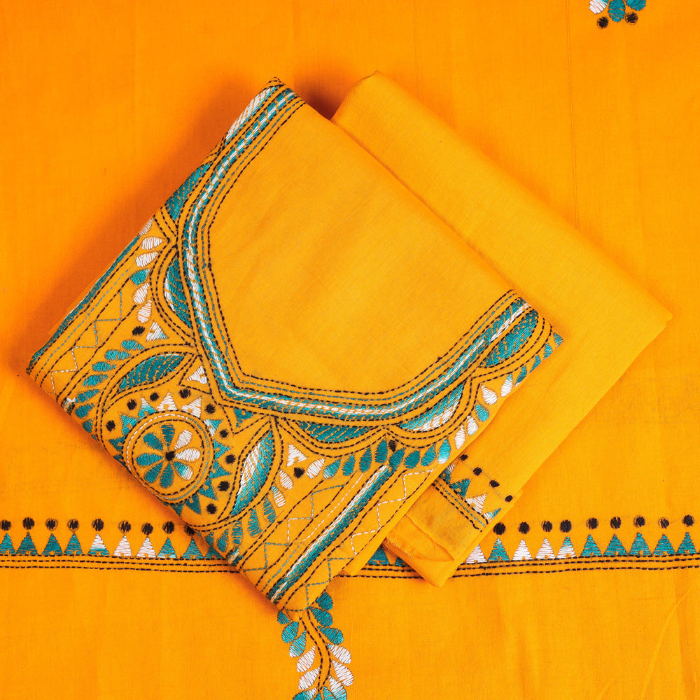 Yellow - Bengal Kantha Embroidery Pure Cotton 3pc Suit Material Set