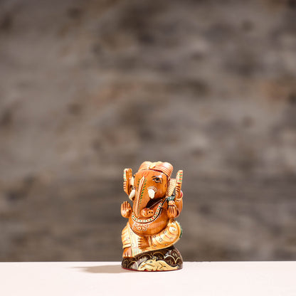 Hand Carved Kadam Wood Handpainted Sculpture - Lord Ganesha