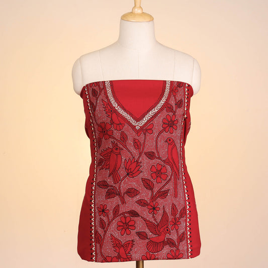 Red - Bengal Kantha Embroidered Pure Cotton Kurti  Material