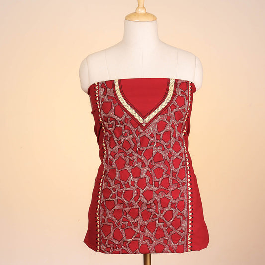 Red - Bengal Kantha Embroidered Pure Cotton Kurti Material