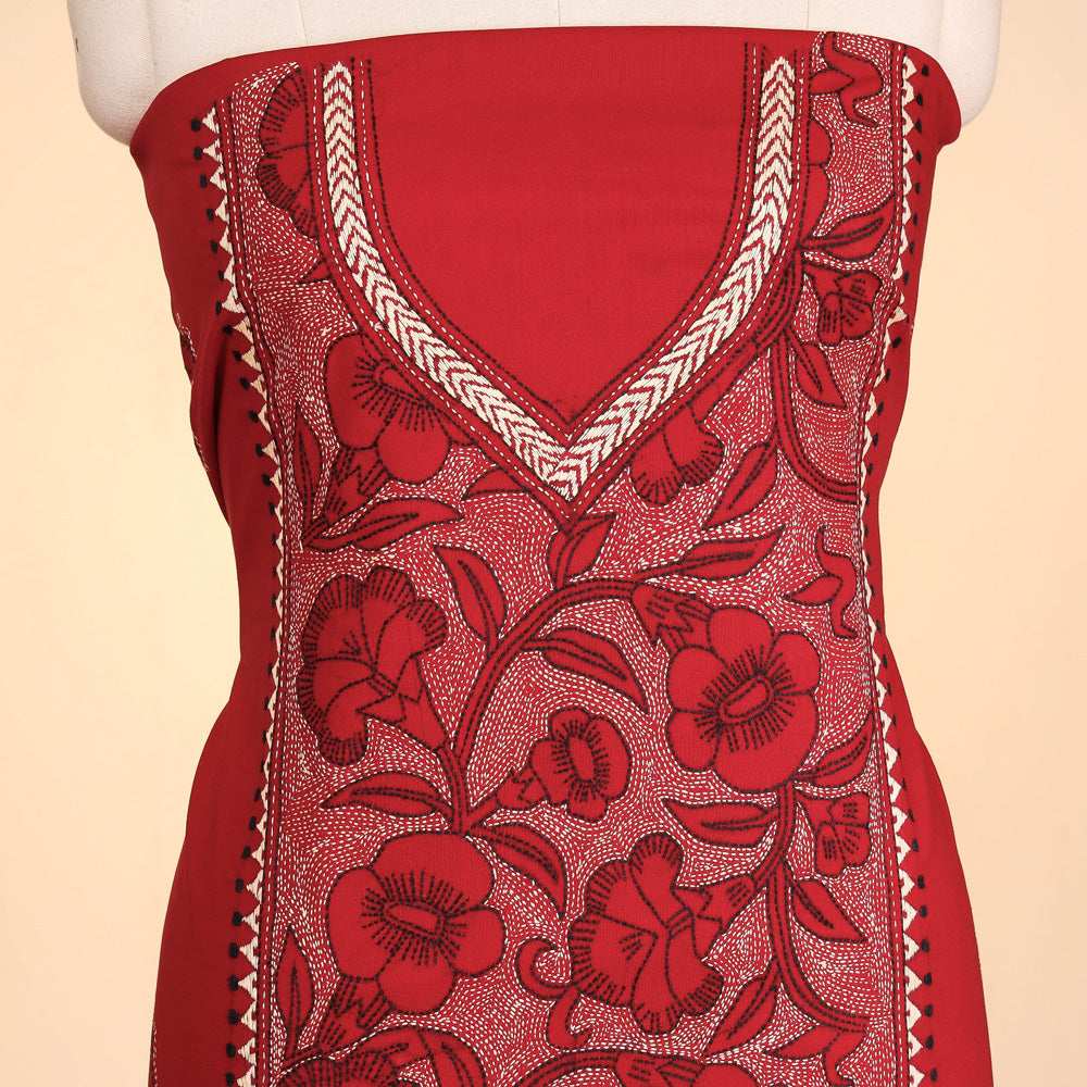 Red - Bengal Kantha Embroidered Pure Cotton Kurti  Material