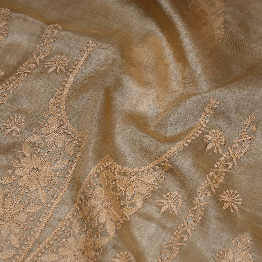 Beige - Chikankari Embroidered Handloom Pure Tussar Silk Kurta Material