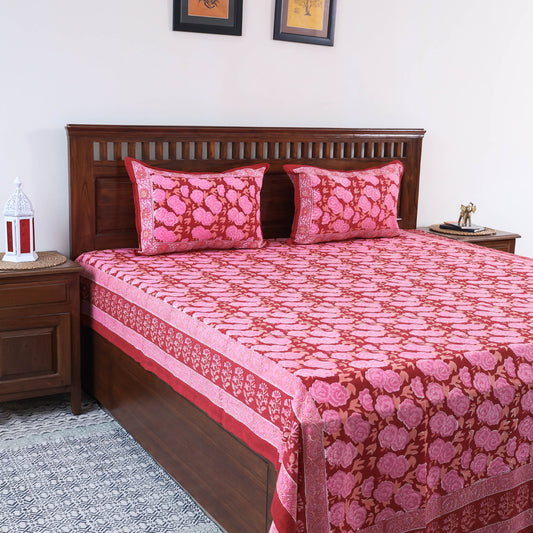 Pink - Sanganeri Block Printing Cotton Double Bed Cover Cover with Pillow Covers (107 x 88 in)
