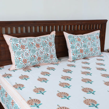 White - Sanganeri Hand Block Printed Cotton Double Bed Cover with Pillow Covers (107 x 88 in)