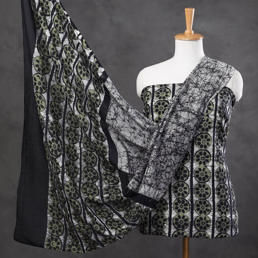 Green - 3pc Kutch Batik Printing Cotton Suit Material Set