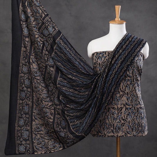 Brown - 3pc Kutch Batik Printing Cotton Suit Material Set