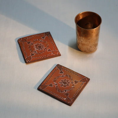 Khavda Pottery Terracotta Hand-painted Square Coasters (set of 2)