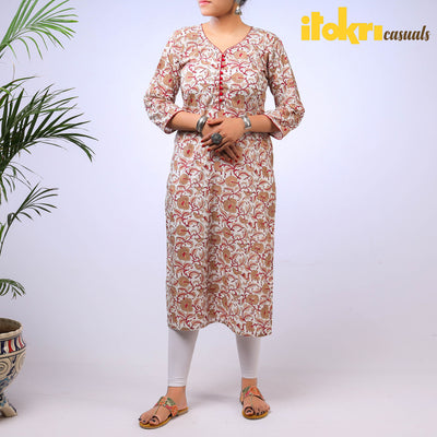 White - Sanganeri Hand Block Printed Cotton Long Straight Kurta