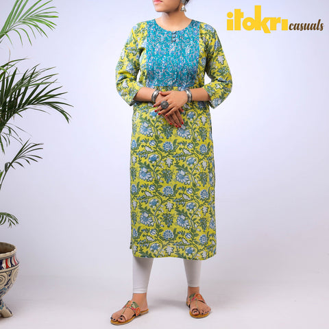 Yellow - iTokri Casuals - Pintuck Sanganeri Hand Block Printed Cotton Long Kurta