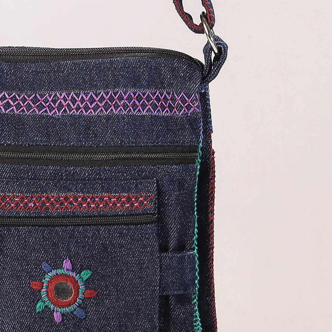 Blue - Lambani Mirror Work Hand Embroidery Denim Sling Bag by Sandur Kushala Kala Kendra