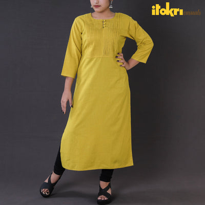 Yellow - Plain Pintuck Pure Cotton Long Kurta