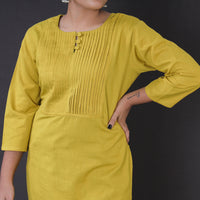 Yellow - Plain Pintuck Pure Cotton Long Kurta