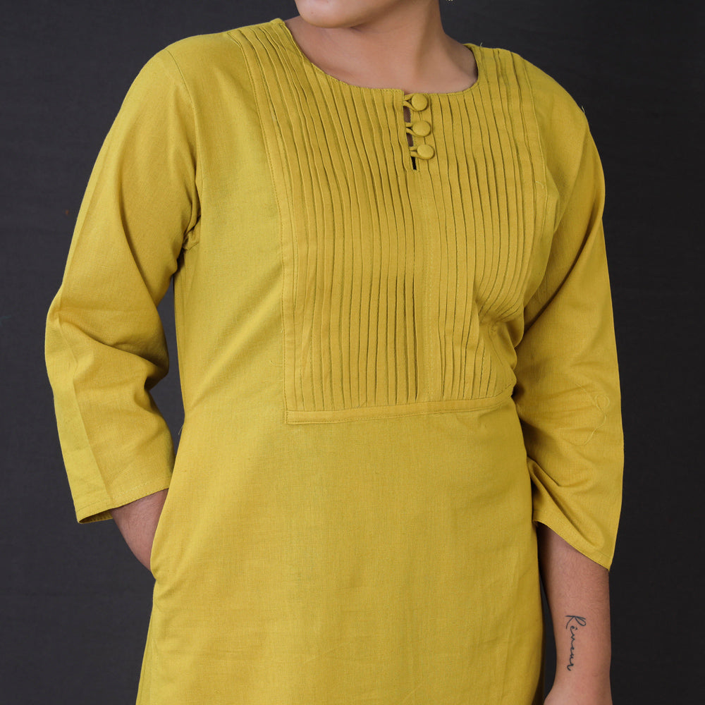 Yellow - Plain Pintuck Pure Cotton Long Kurta