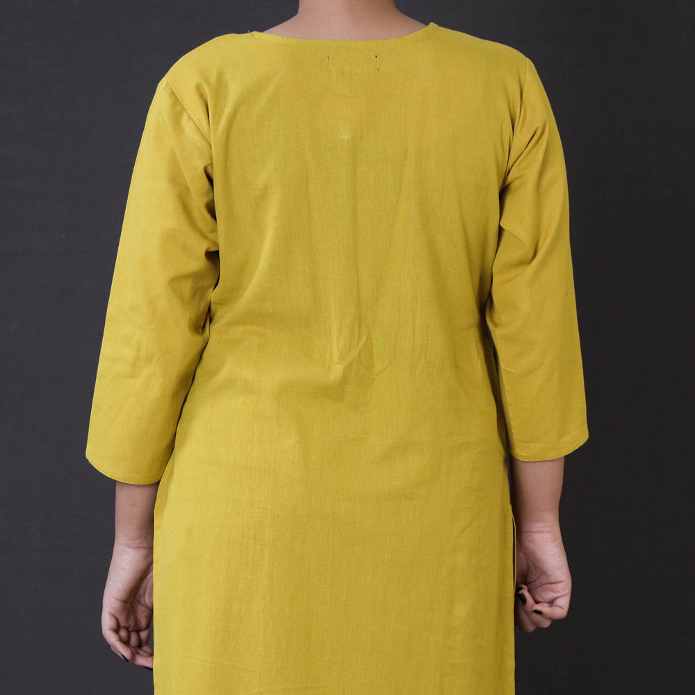 Yellow - Plain Pintuck Pure Cotton Long Kurta