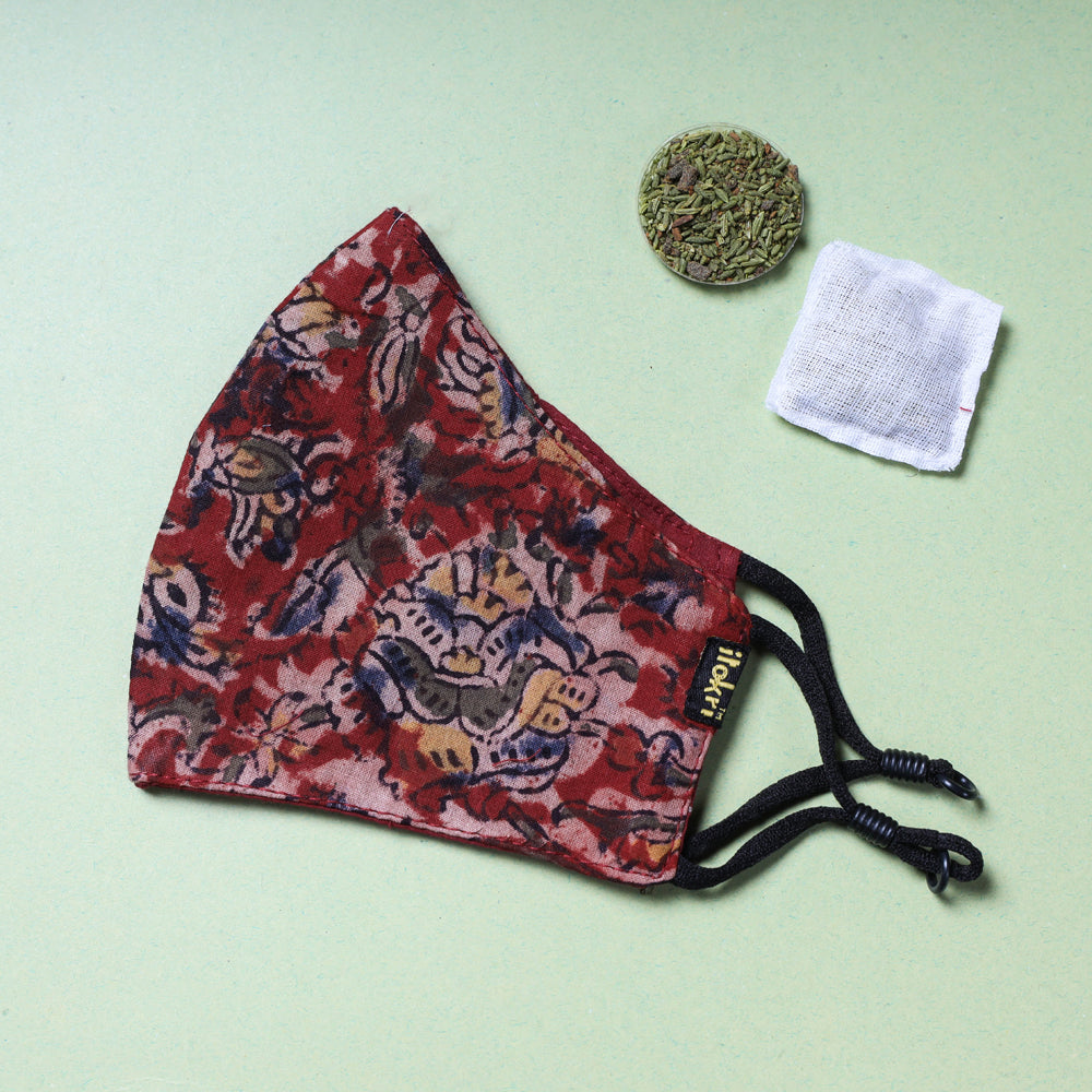 Herb Pocket kalamkari Block Printed Cotton 3 Layer Snug Fit Face Cover