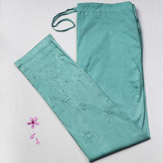 Green - Chikankari Hand Embroidered Cotton Lycra Cropped Pant (Free Size)