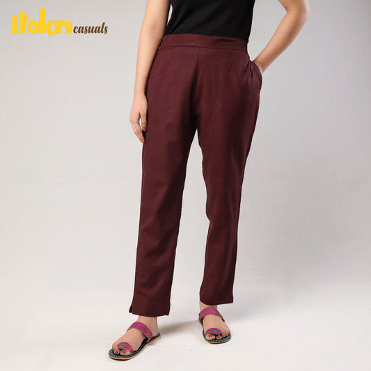 Brown - Wine Cotton Tapered Casual Pant for Women