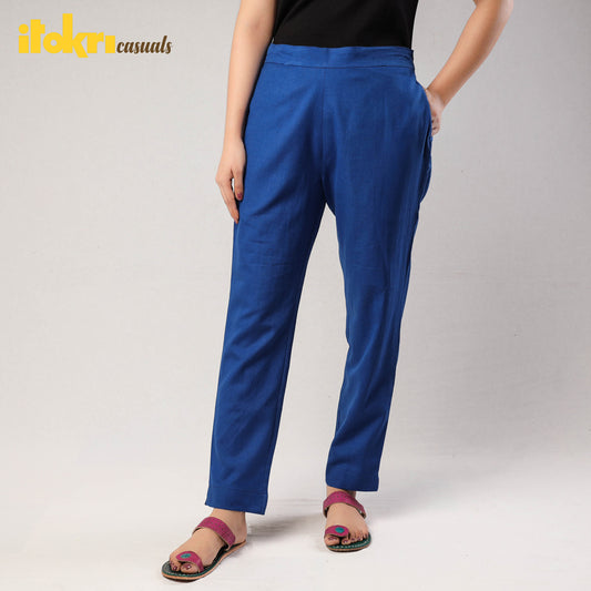 Dark Blue Cotton Tapered Casual Pant for Women