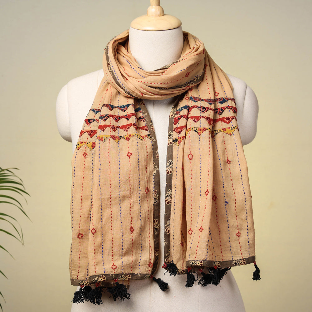 Brown - Marudhara Tagai Work Ajrakh Border Cotton Stole with Tassels