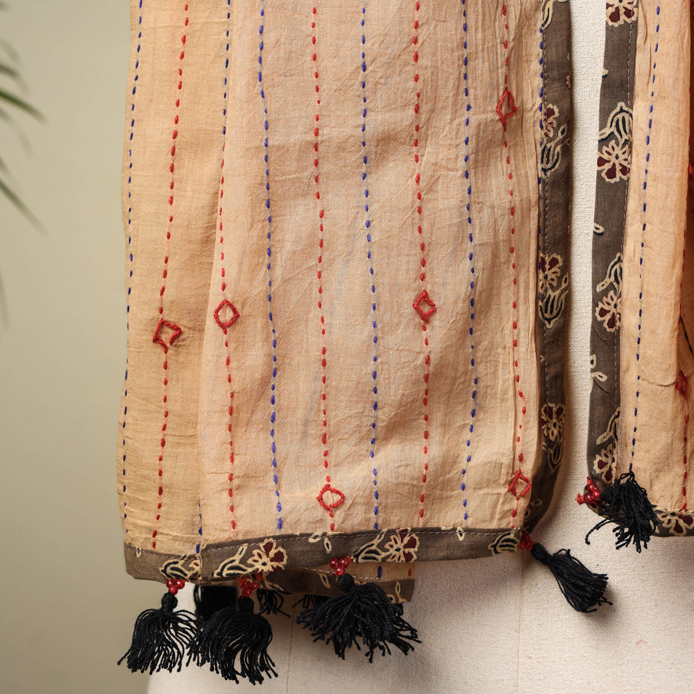 Brown - Marudhara Tagai Work Ajrakh Border Cotton Stole with Tassels