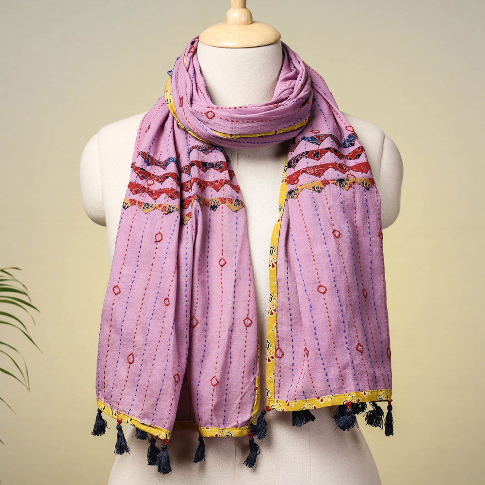 Purple - Marudhara Tagai Work Ajrakh Border Cotton Stole with Tassels