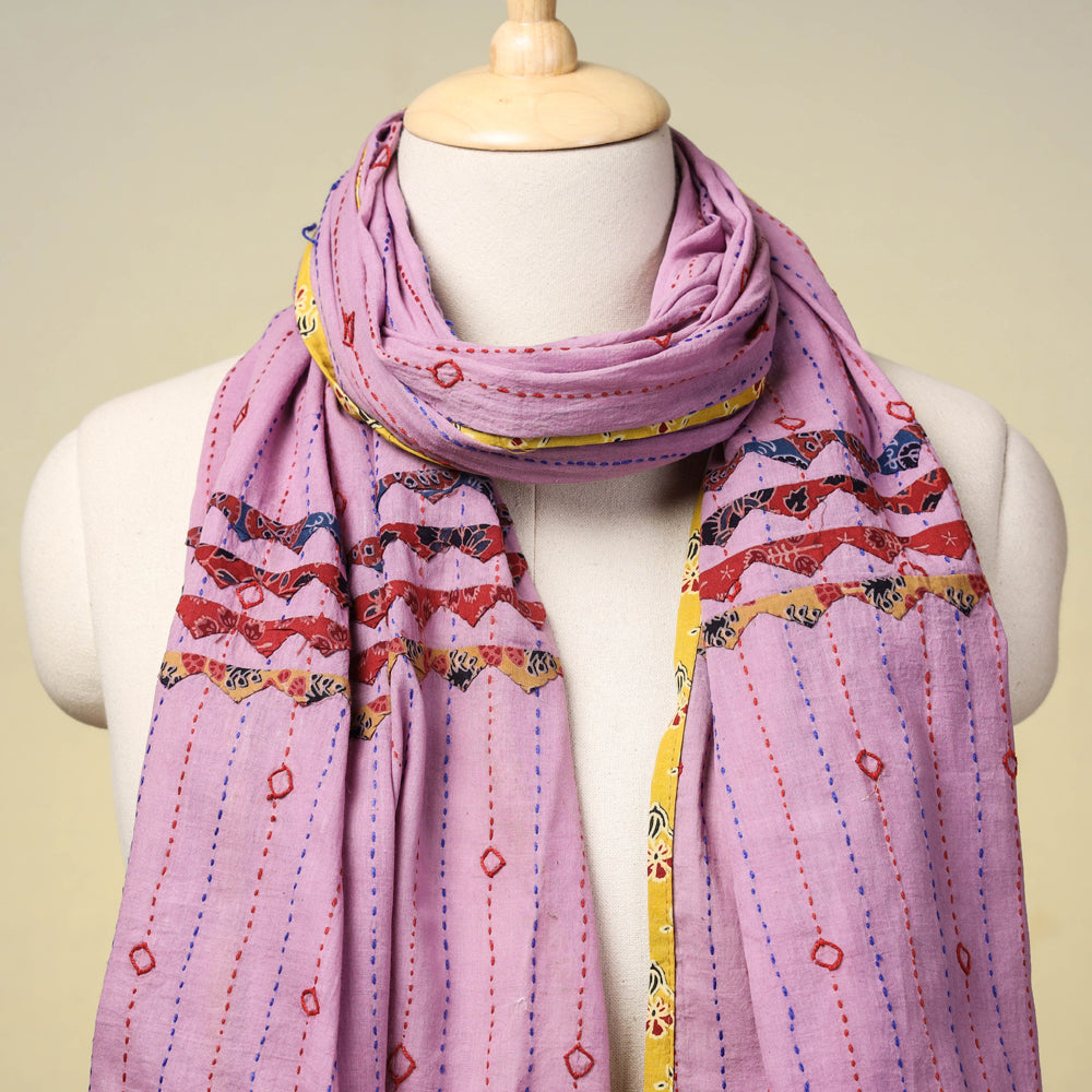 Purple - Marudhara Tagai Work Ajrakh Border Cotton Stole with Tassels