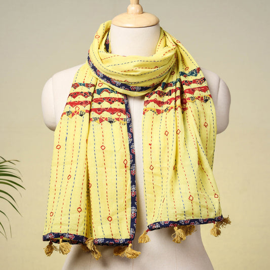 Yellow - Marudhara Tagai Work Ajrakh Border Cotton Stole with Tassels