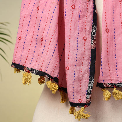 Pink - Marudhara Tagai Work Ajrakh Border Cotton Stole with Tassels