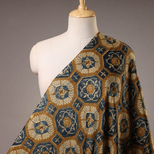 Brown - Beige Floral Butta Sufiyan Khatri Modal Silk Ajrakh Hand Block Printed Natural Dyed Fabric