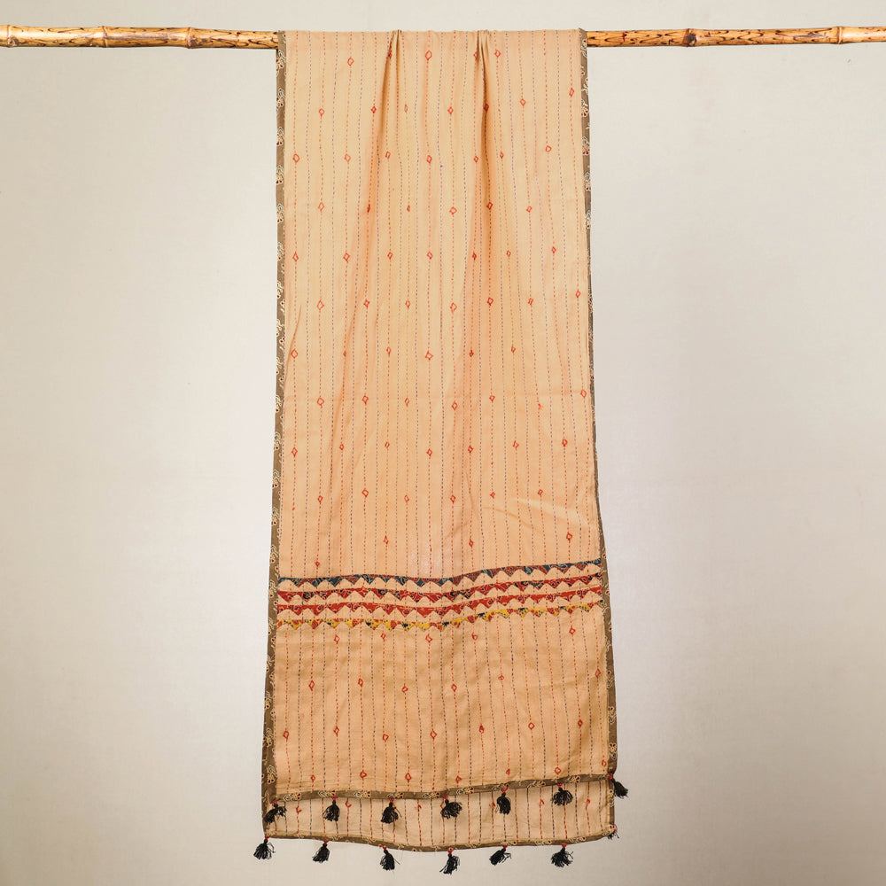 Brown - Marudhara Tagai Work Ajrakh Border Cotton Stole with Tassels