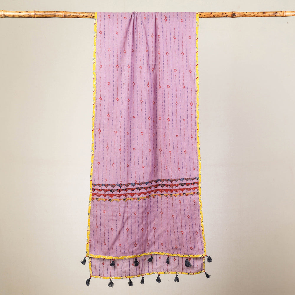 Purple - Marudhara Tagai Work Ajrakh Border Cotton Stole with Tassels