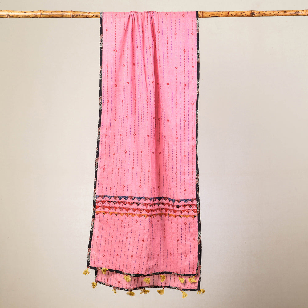 Pink - Marudhara Tagai Work Ajrakh Border Cotton Stole with Tassels