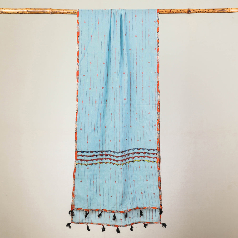 Blue - Marudhara Tagai Work Ajrakh Border Cotton Stole with Tassels