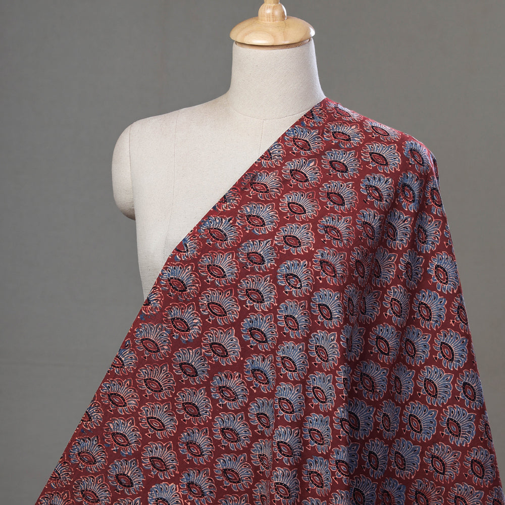 Red - Dazzling Blue Florals Ajrakh Hand Block Printed Natural Dyed Cotton Fabric